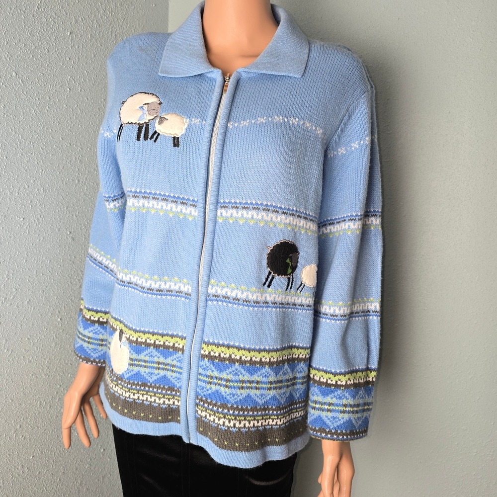 Allison Daley Petite PM Cottagecore Sheep Novelty Knit Zip Up Fair Isle Sweater